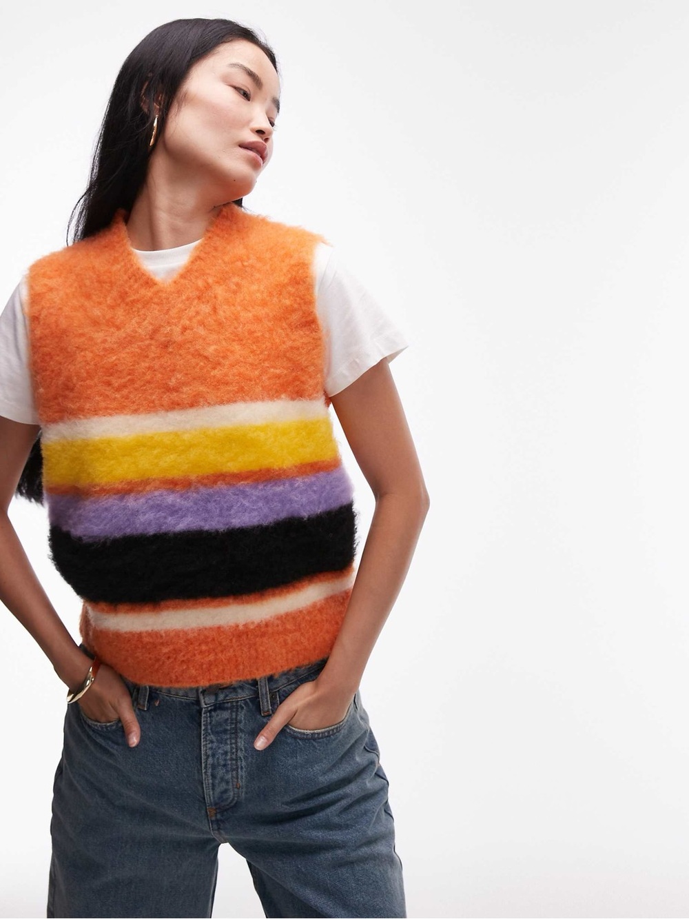 Topshop knitted fluffy high v bright stripe tank in multi sz M NWT